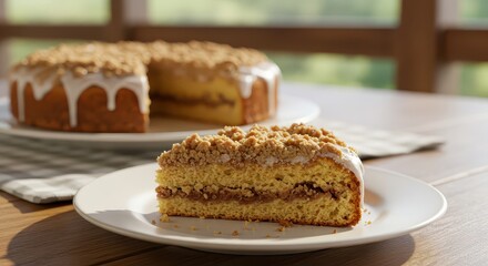 Delicious crumb topped coffee cake slice rests on a plate with the remainder of the dessert blurred in the background