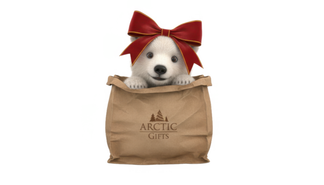 Adorable Samoyed Puppy in Gift Bag With Red Bow