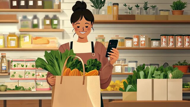 cartoon, Smiling woman with organic vegetables. healthy lifestyle and eco-friendly urban living. Young female customer with reusable bag full of greens, showing sustainability and consciousness. pay.