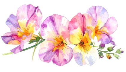 Vibrant Watercolor Pansy Flowers on White Background.