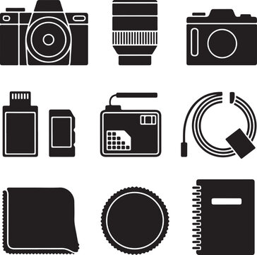 Black and White Silhouette Vector Set of 9 Camera Gear Camera Lens Flash Battery Memory Card Cable Filter Cloth Notebook