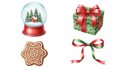 Christmas Objects Collection Snow Globe Gift Box Gingerbread Cookie and Ribbon.