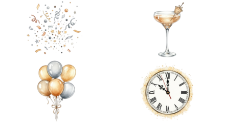New Year Celebration Elements: Confetti Cocktail Balloons and Clock.