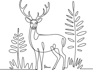 Continuous Line Art Illustration of Deer Standing Among Trees and Grass