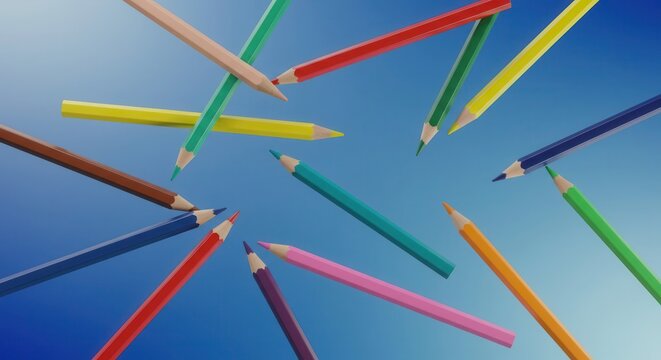 Numerous sharpened color drawing implements scattered against a bright blue gradient background