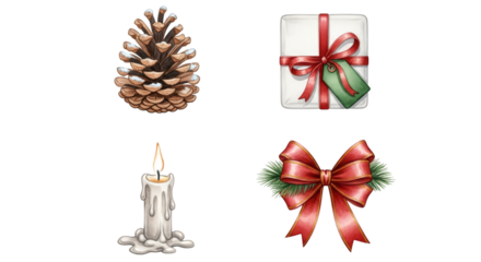 Christmas elements including pinecone candle gift box and bow.