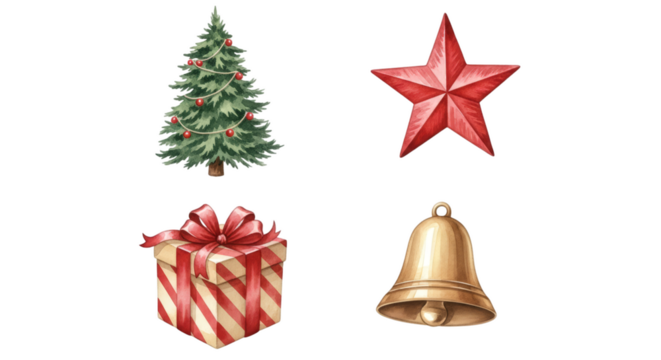 Festive Christmas Icons: Tree Star Gift and Bell Watercolor Set.