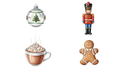 Set of four watercolor Christmas holiday icons on a white background.