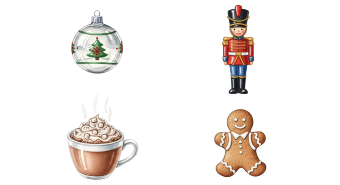 Set of four watercolor Christmas holiday icons on a white background.