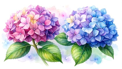 Watercolor Hydrangea Duo - Pink and Blue Floral Illustration.