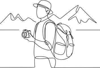 Continuous Line Art Illustration of Traveler with Camera and Backpack