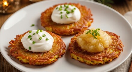Fototapeta premium Delicious Golden Potato Pancakes (Latkes) with Sour Cream, Chives, and Applesauce on a White Plate, Perfect for Breakfast, Brunch, or Holiday Meals