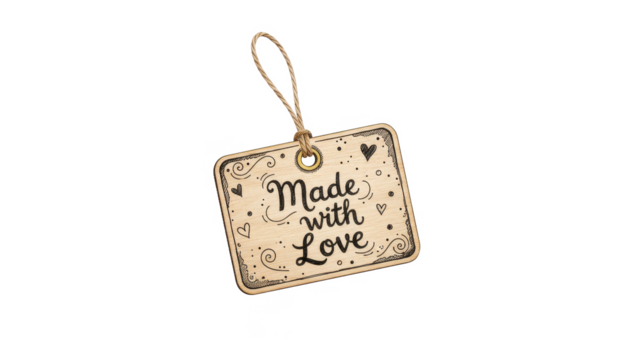 Wooden Tag With Engraved Made With Love Script on a White Background