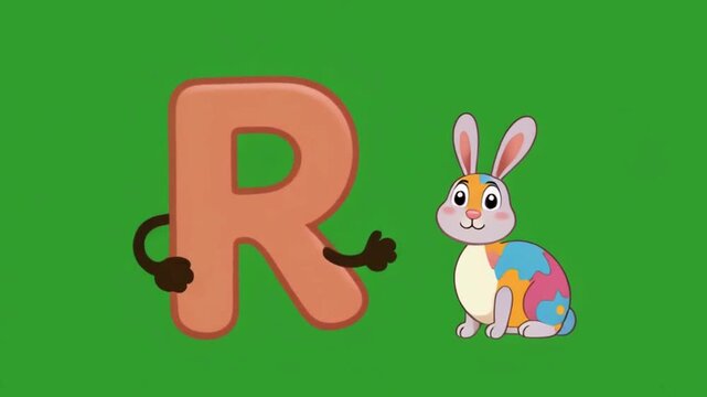 A cute and funny animated letter 'R' with big expressive eyes and a smiling face, happily bouncing on the screen. Next to it appears a colorful cartoon rabbit as an example of the letter 'R'. The back