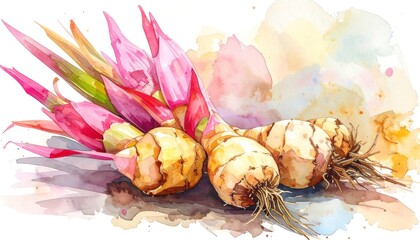 Watercolor painting of fresh ginger roots and galangal flowers on a white background.