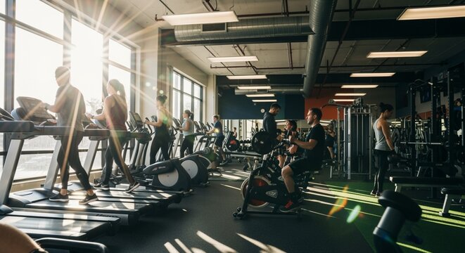 Blurred image of a busy gym interior.