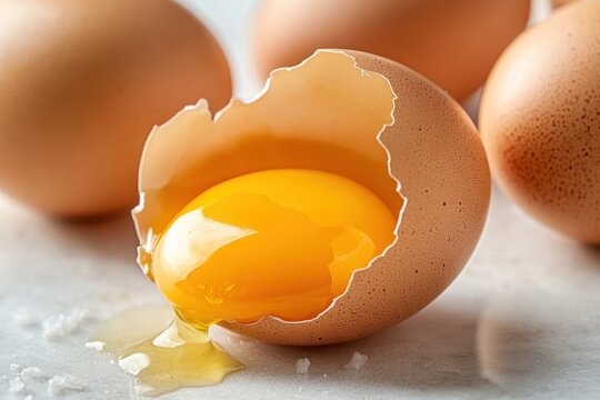 A close-up of a cracked egg, revealing the yolk inside. The egg is placed on a white surface, surrounded by several brown eggs in the background.