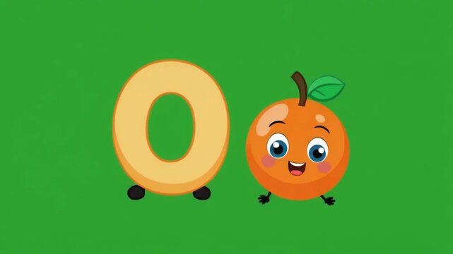 A cute and funny animated letter 'O' with big expressive eyes and a smiling face, happily bouncing on the screen. Next to it appears a colorful cartoon orange as an example of the letter 'O'. The back