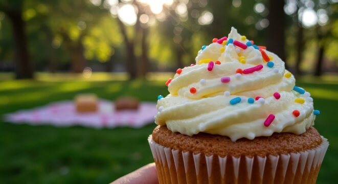 Delicious frosted cupcake with colorful sprinkles held against a sunlit park background
