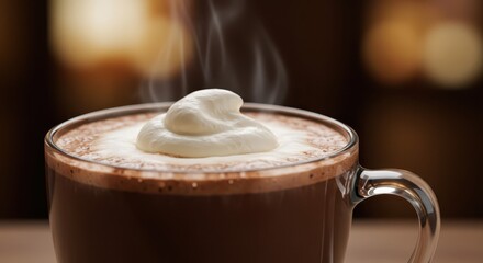 Steaming mug of rich dark chocolate beverage topped with fresh whipped cream sits against a warm blurred background