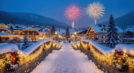Magical winter village scene at dusk with festive lights, snow-covered bridge, and vibrant fireworks celebrating the holidays or New Year' Eve