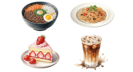 Delicious Assortment of Food and Drinks Featuring a Meal Cake and Coffee.