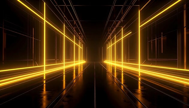 A symmetrical, perspective-based rendering of an illuminated, geometric structure with golden neon lines set against a dark background