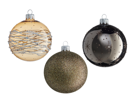 Christmas tree ornaments with snowflake or star-like patterns decorated with glitter cut out isolated transparent background