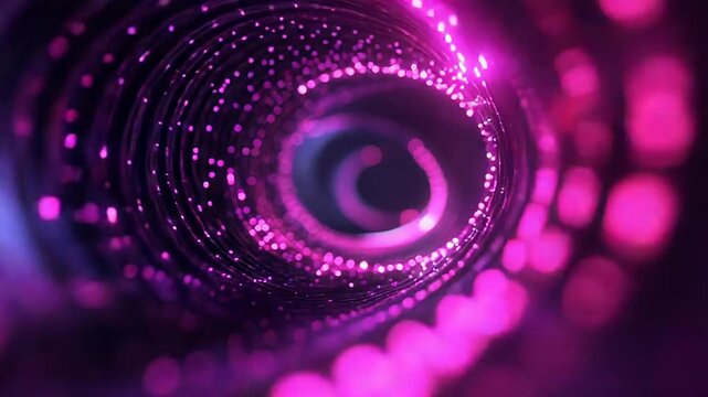 Fiber optic spiral tunnel with flowing purple light data