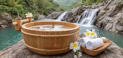 Fototapeta premium Serene spa setting featuring bamboo tub filled with water, surrounded by lush greenery and tranquil waterfall. This wellness retreat offers relaxation and therapy in nature embrace