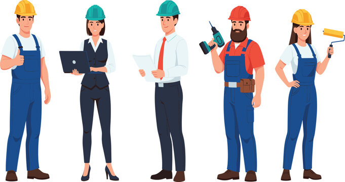 Diverse group of construction and engineering professionals, including workers, architects, and designers, wearing hard hats and holding tools or blueprints. - Powered by Adobe