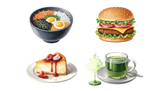 Assortment of Delicious Food and Drink Illustrations on White Background.