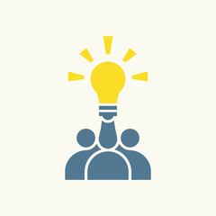 Three blue figures beneath a glowing yellow lightbulb, signifying teamwork and innovative idea generation