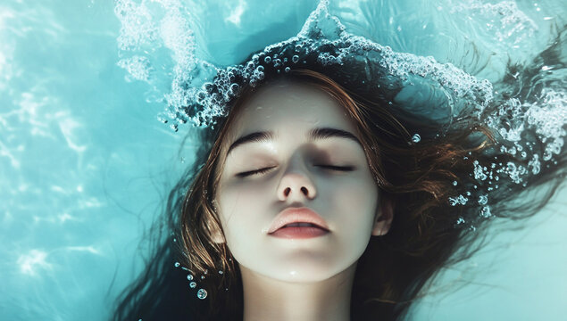 Young woman with closed eyes submerged in clear water, floating peacefully - Powered by Adobe