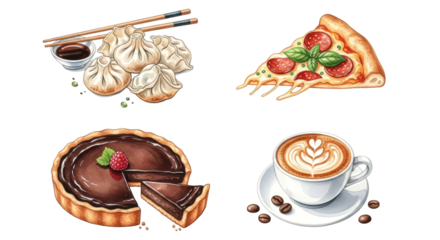 Delicious assortment of four different food and drink items.