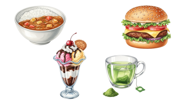 Delicious Assortment of Food and Drink Illustrations.