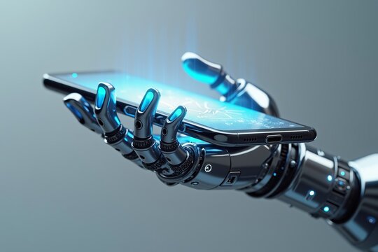 Robotic hand holds glowing smartphone, blue lights illuminate fingers and screen, futuristic tech design.