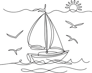 Continuous Line Art Illustration of Small Sailing Boat with Waves Seagulls and Sun