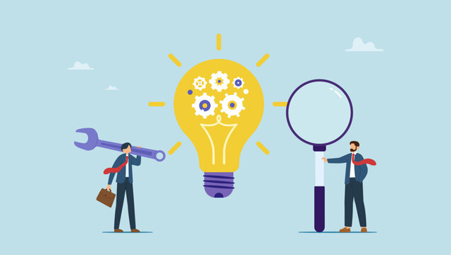 Businessman with magnifier with light bulb idea with cog wheels. Product development, research and optimize for development process to launch new product, project management or productivity.