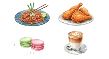 A collage of delicious food and drinks including noodles fried chicken macarons and coffee.
