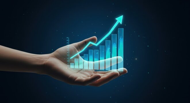 Human hand supports glowing digital bar chart displaying upward trend against dark background