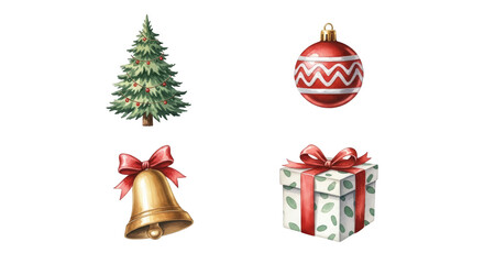 Christmas decorations including tree bauble bell and gift box festive season.