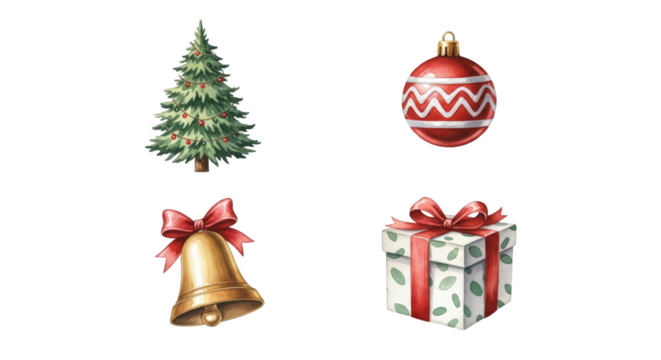 Christmas decorations including tree bauble bell and gift box festive season.