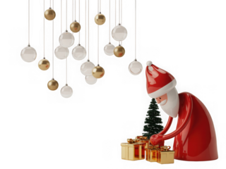 Elegant minimalist christmas scene with santa claus and ornaments on a