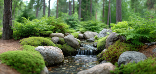 Serene spa environment featuring tranquil stream flowing through lush greenery and vibrant ferns, creating perfect setting for relaxation and wellness therapy