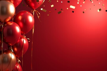 Red balloons and gold confetti float against vibrant red backdrop, festive celebration scene.
