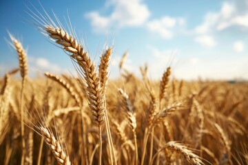 Fototapeta premium Golden wheat fields in expansive rural landscape nature photography outdoor serenity captured from ground level