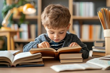 Homeschool child reading a picture book aloud at home educational activity cozy learning environment indoor viewpoint early literacy development