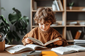 Homeschool child engaged in reading picture book aloud cozy home setting educational activity warm environment child's perspective promoting literacy