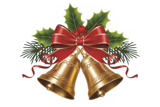 Golden christmas bells tied with red ribbon and holly leaves festive decoration - Powered by Adobe